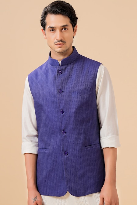 Buy_Raghavendra Rathore Blue_Blue Jaquard Self Design Sleeveless Jacket _Online_at_Aza_Fashions