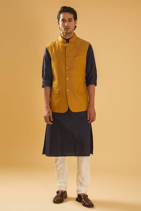 Raghavendra Rathore Blue_Yellow Jacquard, Silk, Cotton Textured Bundi And Navy Blue Kurta Set _at_Aza_Fashions