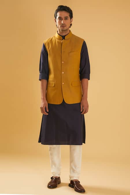Raghavendra Rathore Blue_Yellow Jacquard Mustard Self Design Nehru Jacket _Online_at_Aza_Fashions