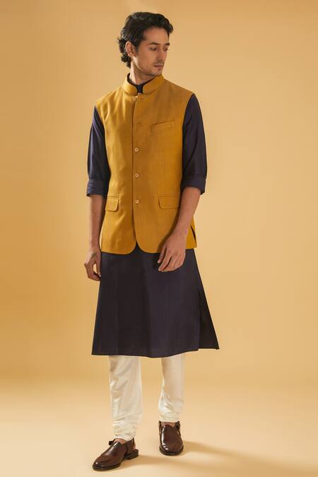Buy_Raghavendra Rathore Blue_Yellow Jacquard, Silk, Cotton Textured Bundi And Navy Blue Kurta Set 
