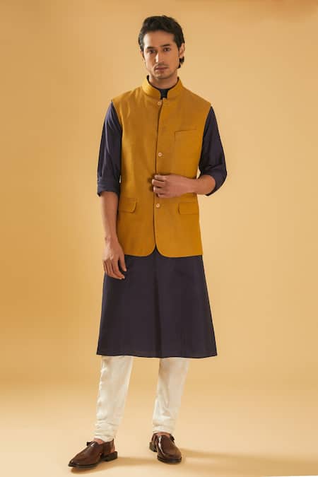 Buy_Raghavendra Rathore Blue_Yellow Jacquard Mustard Self Design Nehru Jacket _Online_at_Aza_Fashions