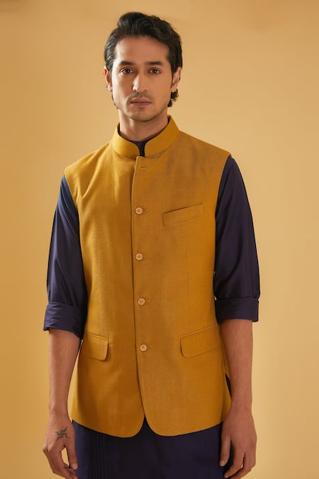 Shop_Raghavendra Rathore Blue_Yellow Jacquard, Silk, Cotton Textured Bundi And Navy Blue Kurta Set 