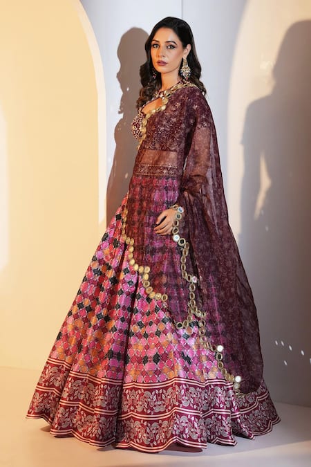 Rashika Sharma Maroon Georgette, Silk, Organza Cut Gia Abstract And Floral Print Lehenga Set Online at Aza Fashions Rashika Sharma_Maroon Georgette, Silk, Organza Cut Gia Abstract And Floral Print Lehenga Set _Online_at_Aza_Fashions