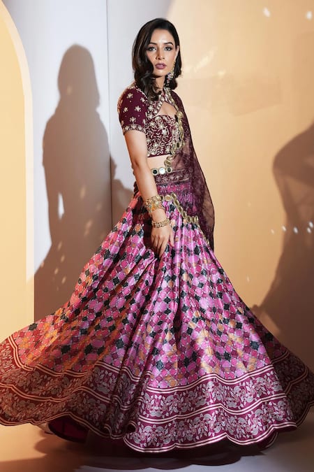 Buy Rashika Sharma Maroon Georgette, Silk, Organza Cut Gia Abstract And Floral Print Lehenga Set Online at Aza Fashions Buy_Rashika Sharma_Maroon Georgette, Silk, Organza Cut Gia Abstract And Floral Print Lehenga Set _Online_at_Aza_Fashions