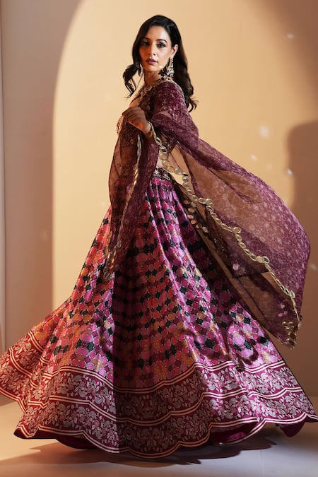 Rashika Sharma_Maroon Georgette, Silk, Organza Cut Gia Abstract And Floral Print Lehenga Set _at_Aza_Fashions