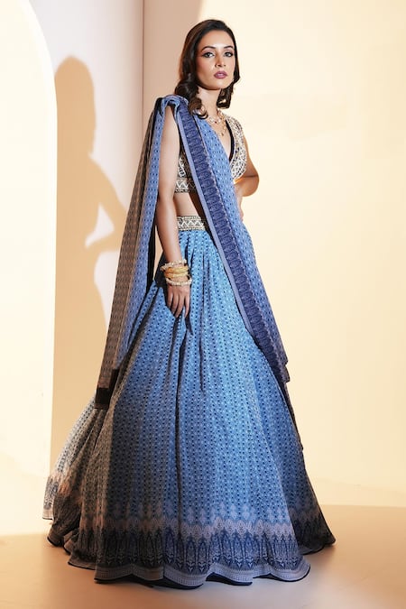 Rashika Sharma_Blue Georgette, Linen Embroidery, Cut Work, Aastha Abstract Print Lehenga Set _Online_at_Aza_Fashions
