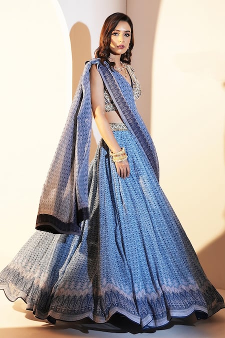 Shop_Rashika Sharma_Blue Georgette, Linen Embroidery, Cut Work, Aastha Abstract Print Lehenga Set _Online_at_Aza_Fashions