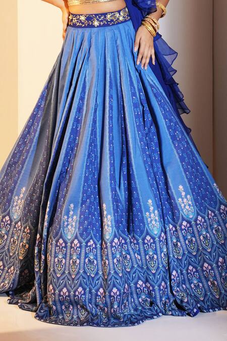 Rashika Sharma Blue Georgette, Organza, Modal Cut Work, Zari, Floral Print Lehenga Set Online at Aza Fashions Rashika Sharma_Blue Georgette, Organza, Modal Cut Work, Zari, Floral Print Lehenga Set _Online_at_Aza_Fashions