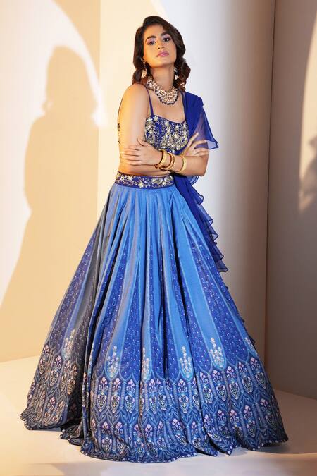 Shop Rashika Sharma Blue Georgette, Organza, Modal Cut Work, Zari, Floral Print Lehenga Set Online at Aza Fashions Shop_Rashika Sharma_Blue Georgette, Organza, Modal Cut Work, Zari, Floral Print Lehenga Set _Online_at_Aza_Fashions
