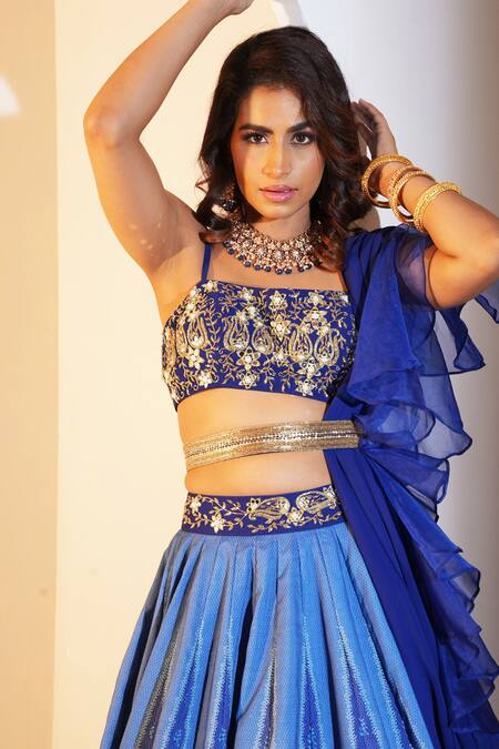 Rashika Sharma_Blue Georgette, Organza, Modal Cut Work, Zari, Floral Print Lehenga Set _at_Aza_Fashions