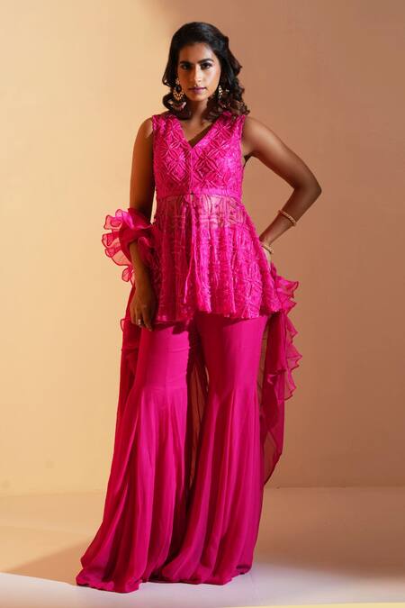 Buy_Rashika Sharma_Pink Net, Georgette, Organza Embroidery, Beads Tanisha Hand Kurta Sharara Set _Online_at_Aza_Fashions