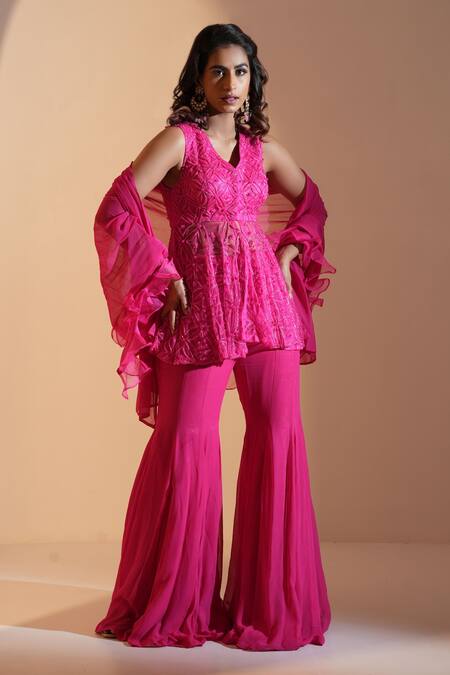 Shop_Rashika Sharma_Pink Net, Georgette, Organza Embroidery, Beads Tanisha Hand Kurta Sharara Set _Online_at_Aza_Fashions