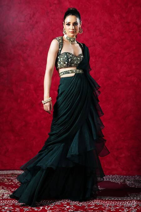 Rashika Sharma Green Chiffon, Organza Zari, Mirrors, Cut Lara Ruffled And Pre-draped Saree Set Online at Aza Fashions Rashika Sharma_Green Chiffon, Organza Zari, Mirrors, Cut Lara Ruffled And Pre-draped Saree Set _Online_at_Aza_Fashions