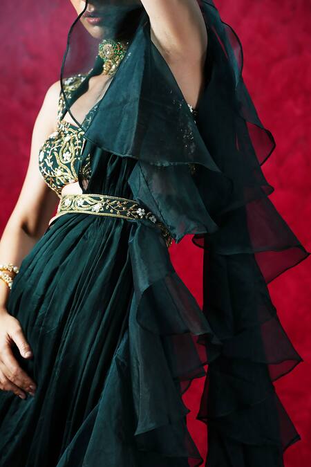 Shop Rashika Sharma Green Chiffon, Organza Zari, Mirrors, Cut Lara Ruffled And Pre-draped Saree Set Online at Aza Fashions Shop_Rashika Sharma_Green Chiffon, Organza Zari, Mirrors, Cut Lara Ruffled And Pre-draped Saree Set _Online_at_Aza_Fashions