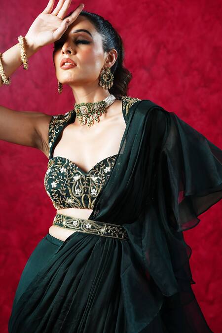 Rashika Sharma Green Chiffon, Organza Zari, Mirrors, Cut Lara Ruffled And Pre-draped Saree Set at Aza Fashions Rashika Sharma_Green Chiffon, Organza Zari, Mirrors, Cut Lara Ruffled And Pre-draped Saree Set _at_Aza_Fashions