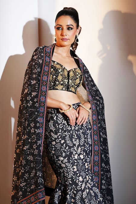 Shop Rashika Sharma Black Net, Georgette, Modal Mirrors, Serena Leaf Print Fishtail Lehenga Set Online at Aza Fashions Shop_Rashika Sharma_Black Net, Georgette, Modal Mirrors, Serena Leaf Print Fishtail Lehenga Set _Online_at_Aza_Fashions