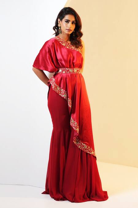 Rashika Sharma_Maroon Georgette Mirrors, Beads, Zari, Embroidery Seher Border Cape Sharara Set _Online_at_Aza_Fashions