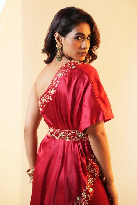 Rashika Sharma_Maroon Georgette Mirrors, Beads, Zari, Embroidery Seher Border Cape Sharara Set _at_Aza_Fashions