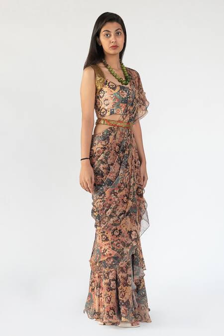 Nikita Vishakha Multi Color Georgette, Sequins Metal Ruffle Saree With Blouse Online at Aza Fashions Nikita Vishakha_Multi Color Georgette, Sequins Metal Ruffle Saree With Blouse_Online_at_Aza_Fashions