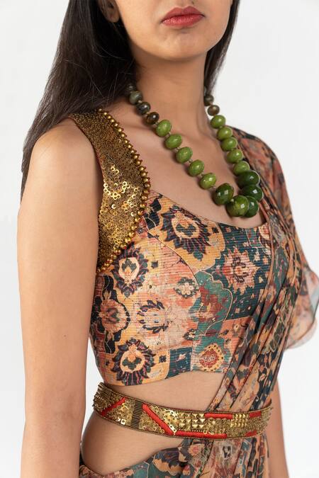 Shop Nikita Vishakha Multi Color Georgette, Sequins Metal Ruffle Saree With Blouse Online at Aza Fashions Shop_Nikita Vishakha_Multi Color Georgette, Sequins Metal Ruffle Saree With Blouse_Online_at_Aza_Fashions