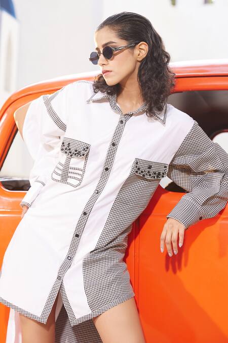 Buy_Reynu Taandon_White Cotton Embroidery Collared Checkered High-low Hem Shirt _Online_at_Aza_Fashions