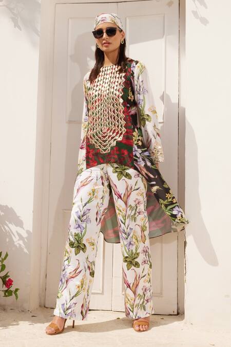 Reynu Taandon_Black Crepe Gota Patti Round Neck Flower Print High-low Top And Pant Co-ord Set _Online_at_Aza_Fashions