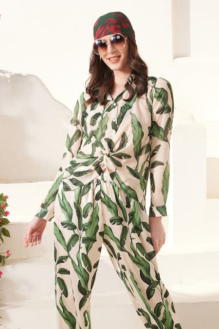 Reynu Taandon_Green Collared Leaf Print Shirt And Joggers Pant Set _Online_at_Aza_Fashions