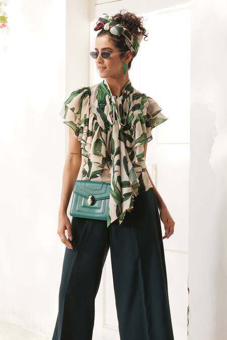 Reynu Taandon_Green Crepe Sequins High Neck Leaf Print Ruffle Top _Online_at_Aza_Fashions