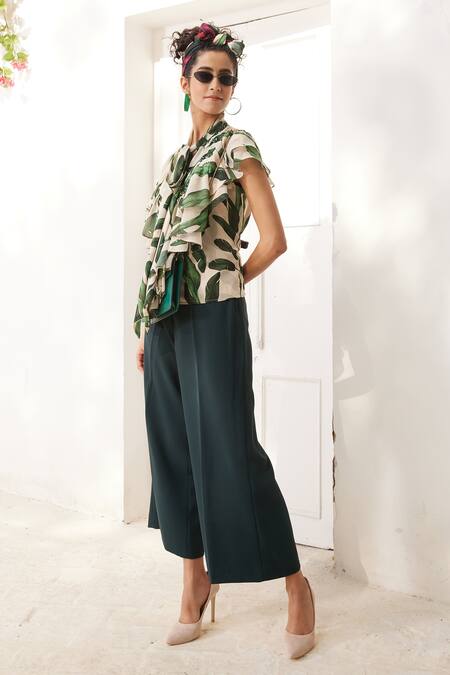 Buy_Reynu Taandon_Green Crepe Sequins High Neck Leaf Print Ruffle Top _Online_at_Aza_Fashions