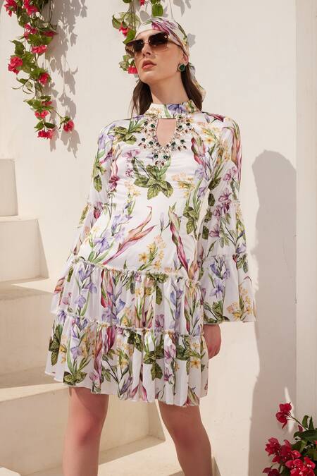 Reynu Taandon_White Crepe Sequins High Neck Floral Print Tiered Dress _Online_at_Aza_Fashions