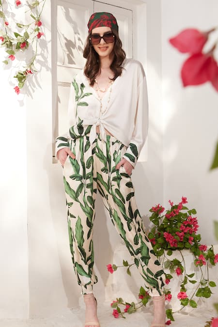 Reynu Taandon_Cream Crepe Embroidery Collared Knotted Shirt And Leaf Pattern Joggers Pant Set _Online_at_Aza_Fashions