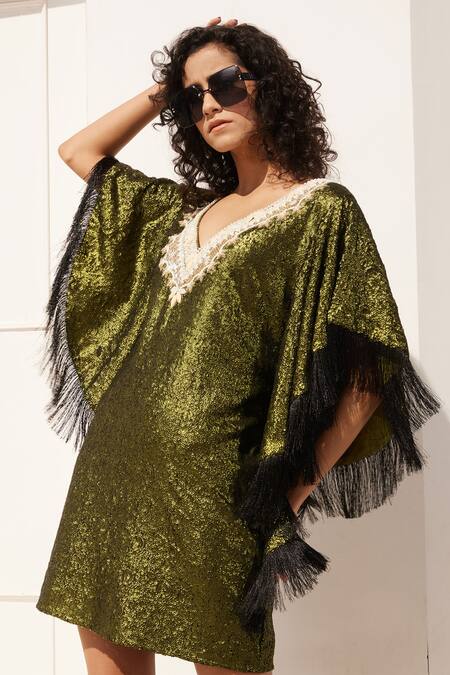 Reynu Taandon_Green Sequin Fabric Embellished V Neck Work Kaftan _Online_at_Aza_Fashions