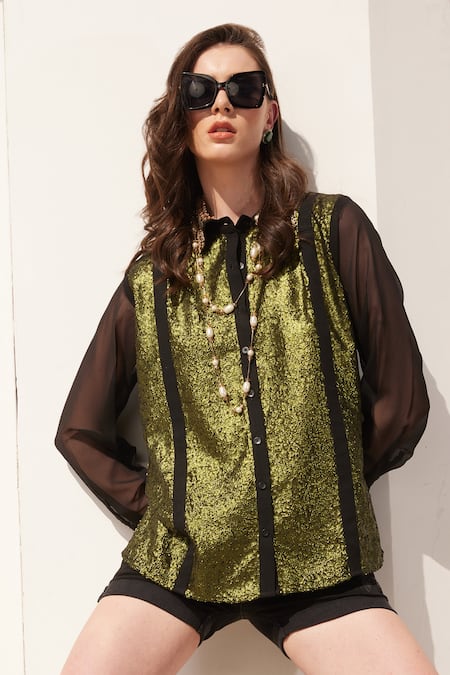 Reynu Taandon_Black Georgette Cut Work, Sequins, Pearls Collared Shirt _Online_at_Aza_Fashions