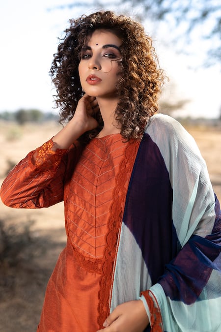 Shop The Home Affair Orange Cotton, Silk Lace, Embroidery Boat Thread Work Straight Kurta Pant Set Online at Aza Fashions Shop_The Home Affair_Orange Cotton, Silk Lace, Embroidery Boat Thread Work Straight Kurta Pant Set _Online_at_Aza_Fashions