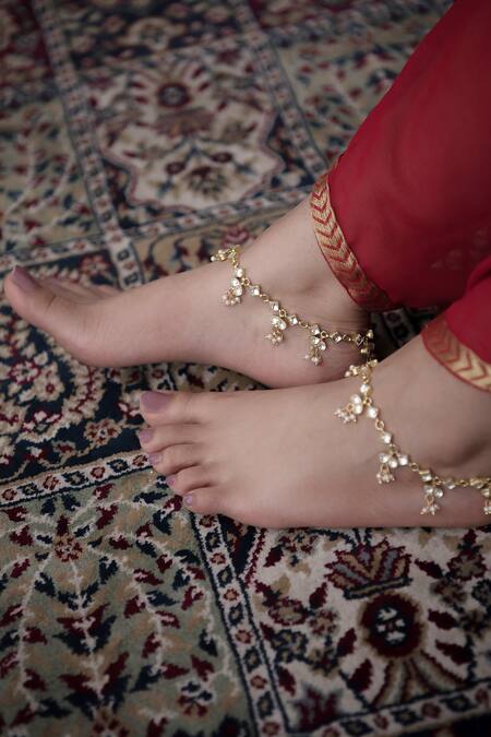 Paisley Pop_Gold Plated Pearls Kundan Embellished Anklets - Set Of 2 _Online_at_Aza_Fashions