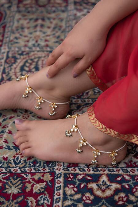 Paisley Pop Gold Plated Beads, Stones Kundan And Pearl Embellished Anklets - Set Of 2 Online at Aza Fashions Paisley Pop_Gold Plated Beads, Stones Kundan And Pearl Embellished Anklets - Set Of 2 _Online_at_Aza_Fashions