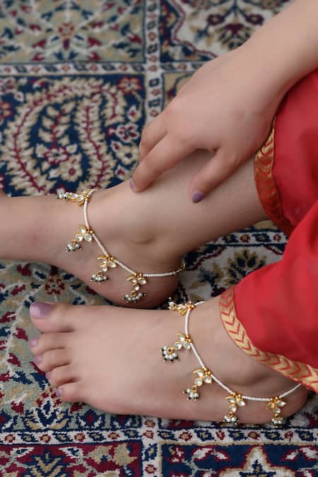 Buy Paisley Pop Gold Plated Beads, Stones Kundan And Pearl Embellished Anklets - Set Of 2 Online at Aza Fashions Buy_Paisley Pop_Gold Plated Beads, Stones Kundan And Pearl Embellished Anklets - Set Of 2 _Online_at_Aza_Fashions