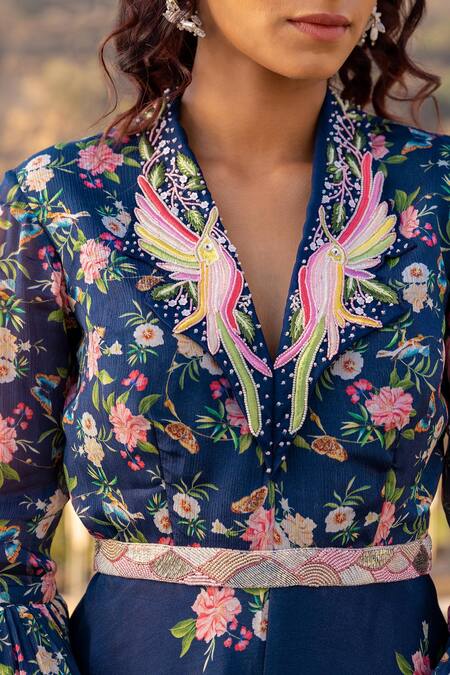 Buy_Suruchi Parakh_Blue Georgette Embroidery Shawl Neck Floral Print Jumpsuit With Belt _Online_at_Aza_Fashions