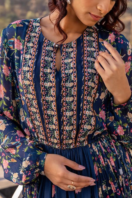 Suruchi Parakh_Blue Georgette, Crepe Sequins, Embroidery Keyhole Neck Botanical Print Dress _at_Aza_Fashions