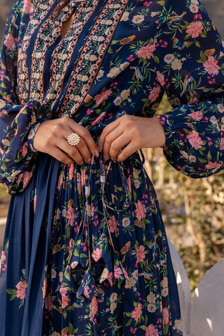 Buy_Suruchi Parakh_Blue Georgette, Crepe Sequins, Embroidery Keyhole Neck Botanical Print Dress 