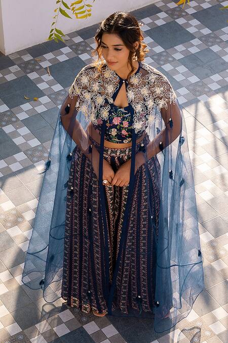 Suruchi Parakh Blue Georgette, Crepe Pearls, Feathers, Embroidery V-neck Cape Flared Pant Set Online at Aza Fashions Suruchi Parakh_Blue Georgette, Crepe Pearls, Feathers, Embroidery V-neck Cape Flared Pant Set _Online_at_Aza_Fashions