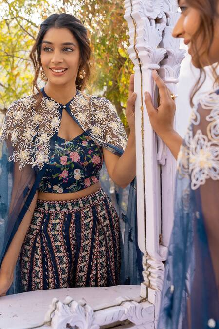Buy Suruchi Parakh Blue Georgette, Crepe Pearls, Feathers, Embroidery V-neck Cape Flared Pant Set Online at Aza Fashions Buy_Suruchi Parakh_Blue Georgette, Crepe Pearls, Feathers, Embroidery V-neck Cape Flared Pant Set _Online_at_Aza_Fashions