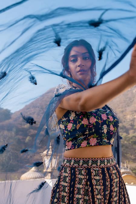 Shop Suruchi Parakh Blue Georgette, Crepe Pearls, Feathers, Embroidery V-neck Cape Flared Pant Set Online at Aza Fashions Shop_Suruchi Parakh_Blue Georgette, Crepe Pearls, Feathers, Embroidery V-neck Cape Flared Pant Set _Online_at_Aza_Fashions