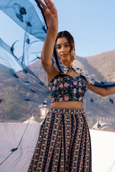 Suruchi Parakh Blue Georgette, Crepe Pearls, Feathers, Embroidery V-neck Cape Flared Pant Set at Aza Fashions Suruchi Parakh_Blue Georgette, Crepe Pearls, Feathers, Embroidery V-neck Cape Flared Pant Set _at_Aza_Fashions