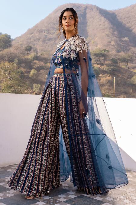 Buy Suruchi Parakh Blue Georgette, Crepe Pearls, Feathers, Embroidery V-neck Cape Flared Pant Set Buy_Suruchi Parakh_Blue Georgette, Crepe Pearls, Feathers, Embroidery V-neck Cape Flared Pant Set