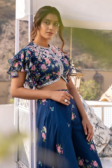 Suruchi Parakh_Blue Georgette, Crepe Embroidery Round Floral Print Crop Top And Flared Pant Set _Online_at_Aza_Fashions
