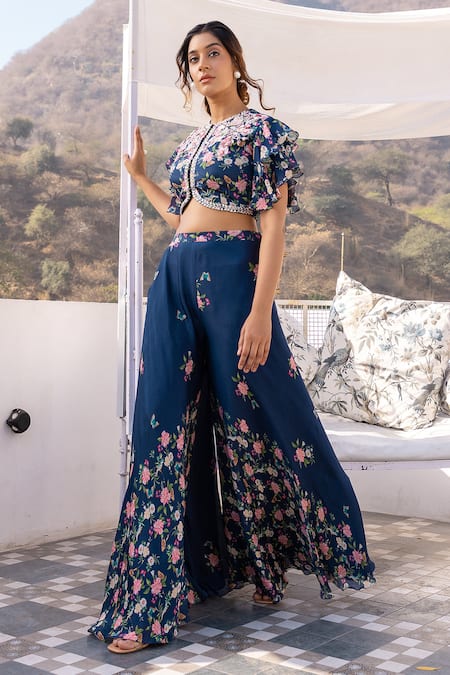 Buy_Suruchi Parakh_Blue Georgette, Crepe Embroidery Round Floral Print Crop Top And Flared Pant Set _Online_at_Aza_Fashions