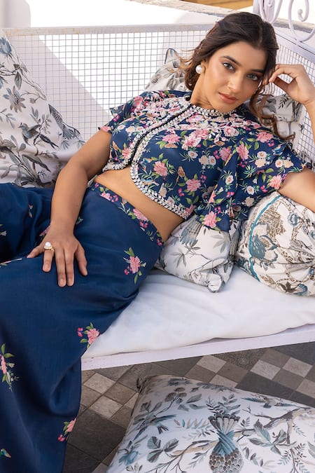 Shop_Suruchi Parakh_Blue Georgette, Crepe Embroidery Round Floral Print Crop Top And Flared Pant Set _Online_at_Aza_Fashions