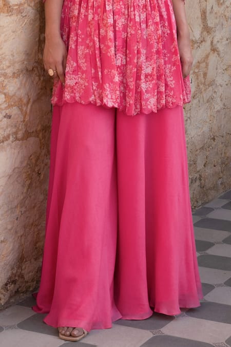 Suruchi Parakh_Pink Georgette, Net Embroidery Round Neck Printed Peplum Kurta And Sharara Set _Online_at_Aza_Fashions