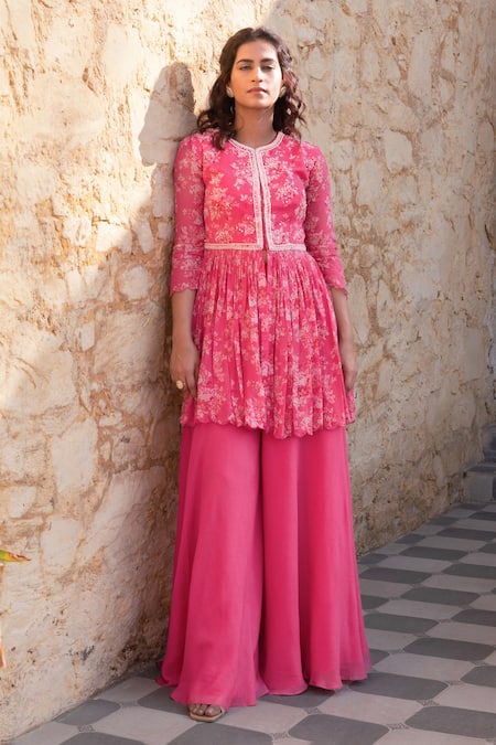 Buy_Suruchi Parakh_Pink Georgette, Net Embroidery Round Neck Printed Peplum Kurta And Sharara Set _Online_at_Aza_Fashions